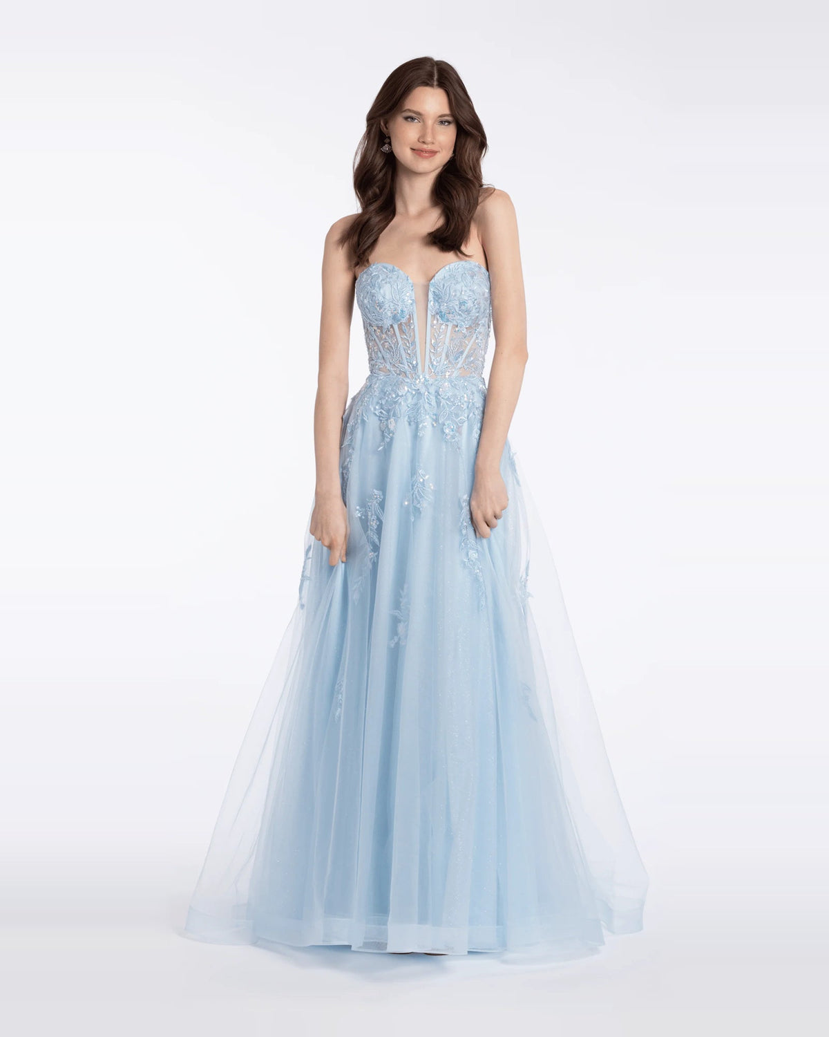 Blue sweetheart corset prom dress with sparkling sequins and A-line tulle skirt