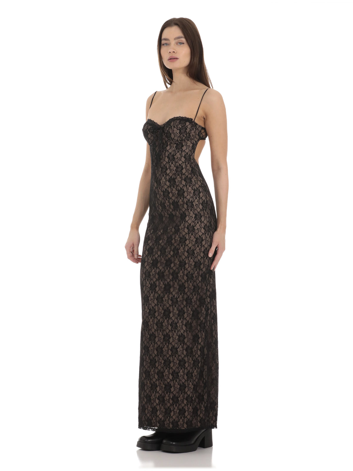 Black bridesmaid dress with mesh construction and maxi hem