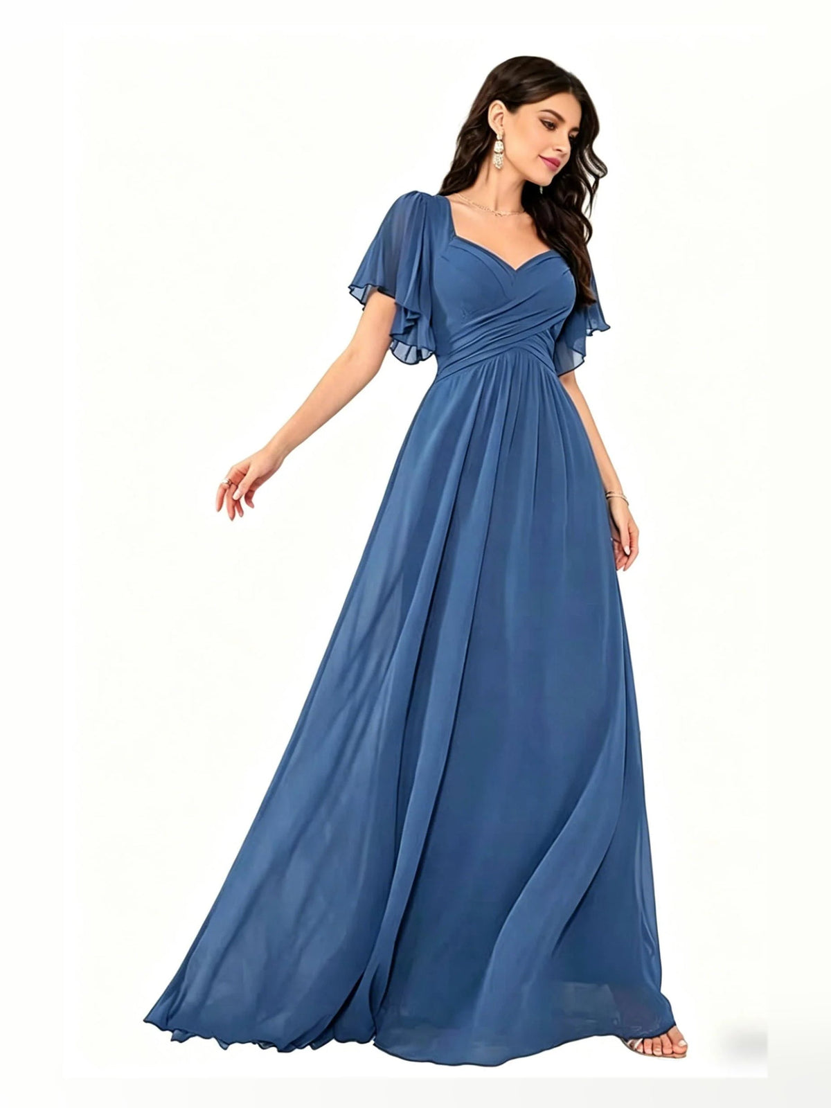 Dusty blue sweetheart A-line chiffon bridesmaid dress with pleated skirt