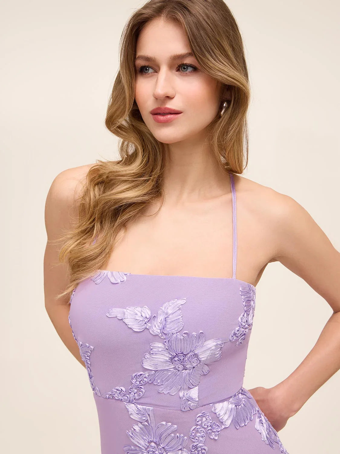 Lilac floral lace fitted bodice with thin straps, mermaid gown