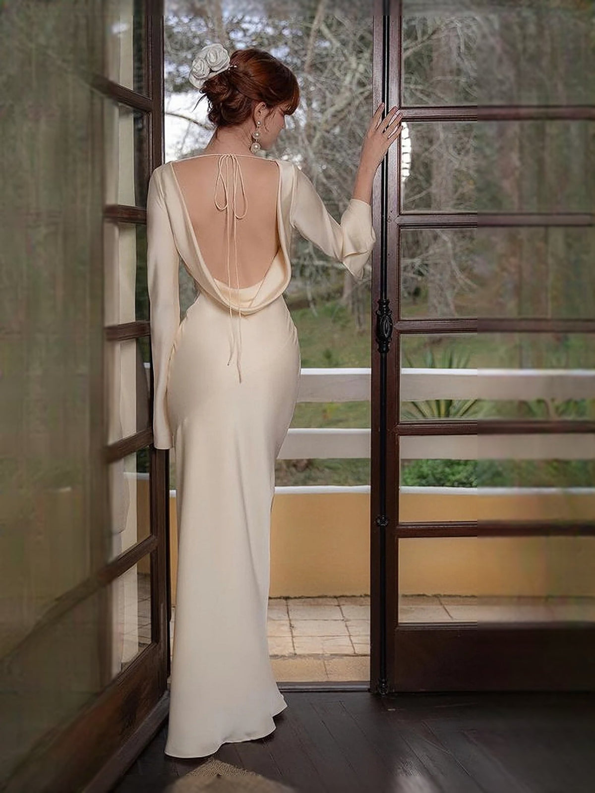 Ivory satin mermaid maxi prom dress, open back with tied draped straps