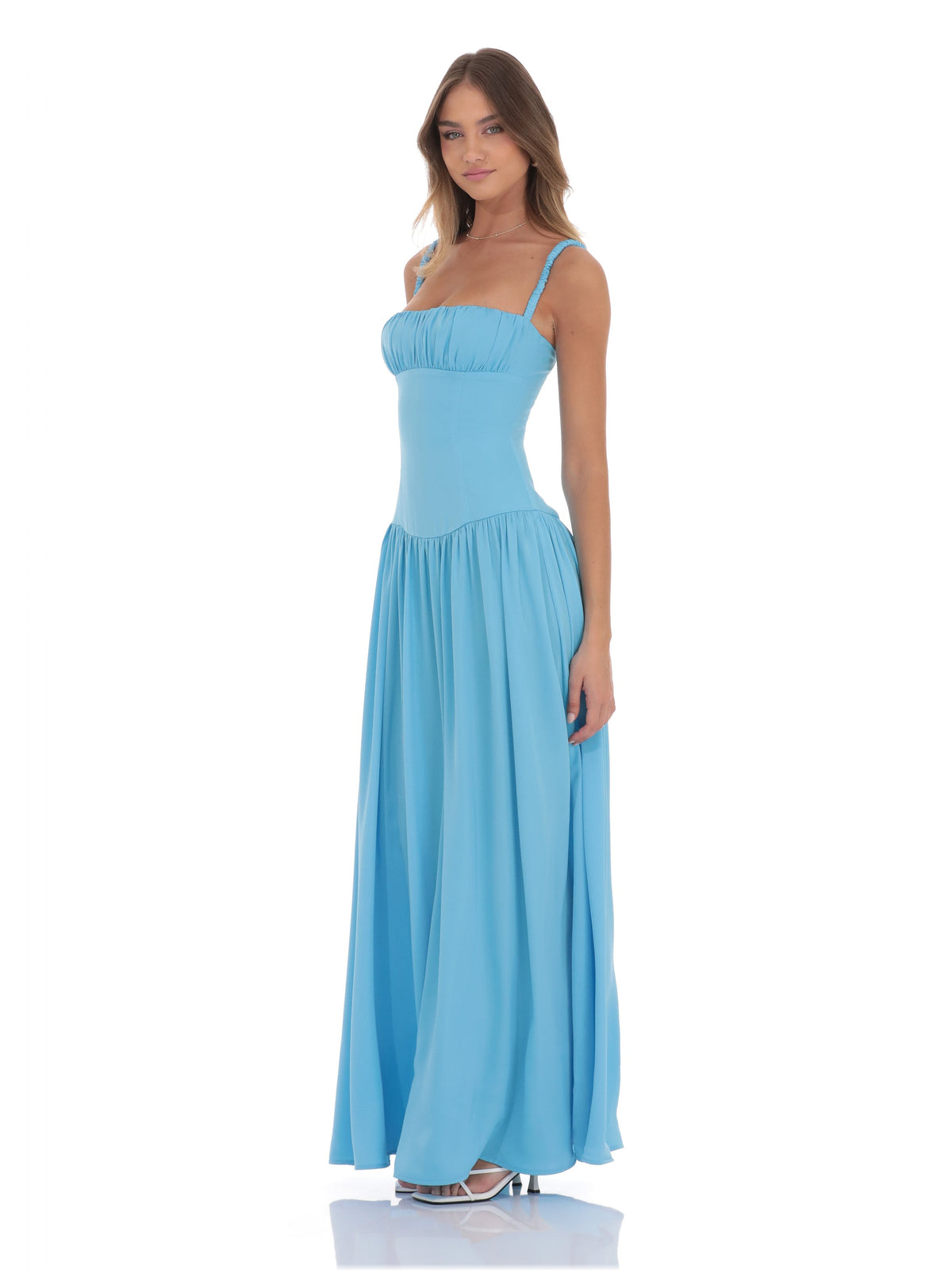 Aqua Blue bridesmaid dress with satin construction and maxi hem