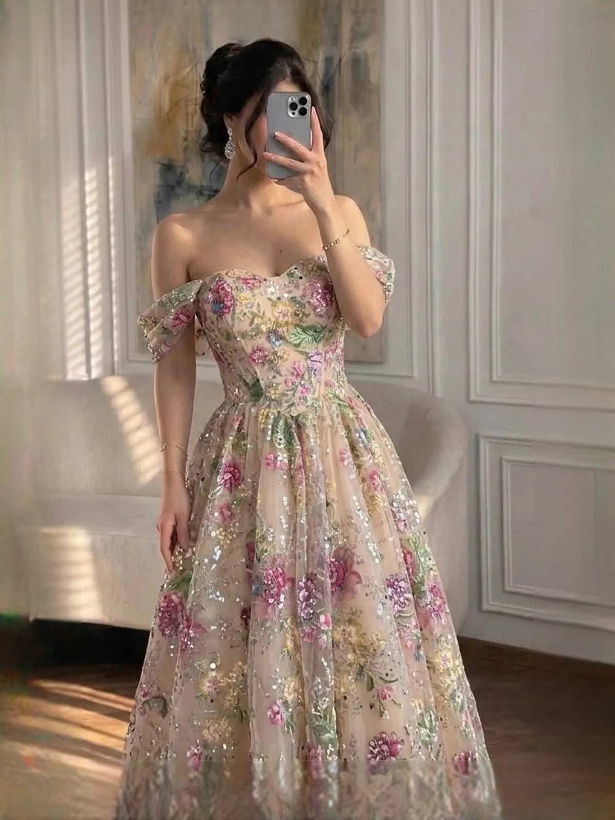 Floral off-shoulder tulle prom dress with ruched corset bodice and full A-line skirt