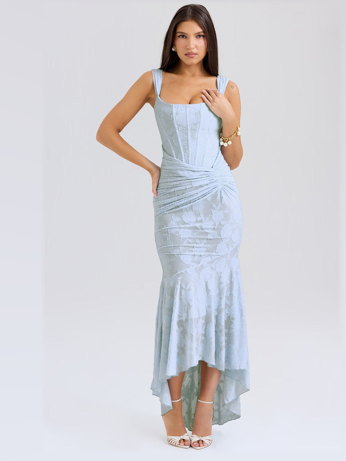 Light Blue Floral Print maxi formal dress, alternate full-length view showing the waistline