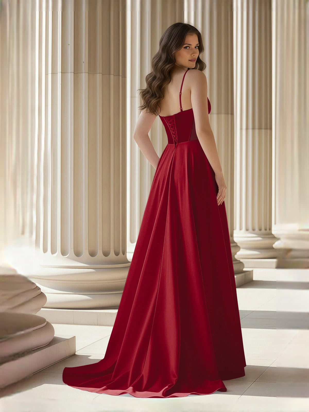 Burgundy sweetheart corset A-line satin prom dress with thin straps, floor-length skirt