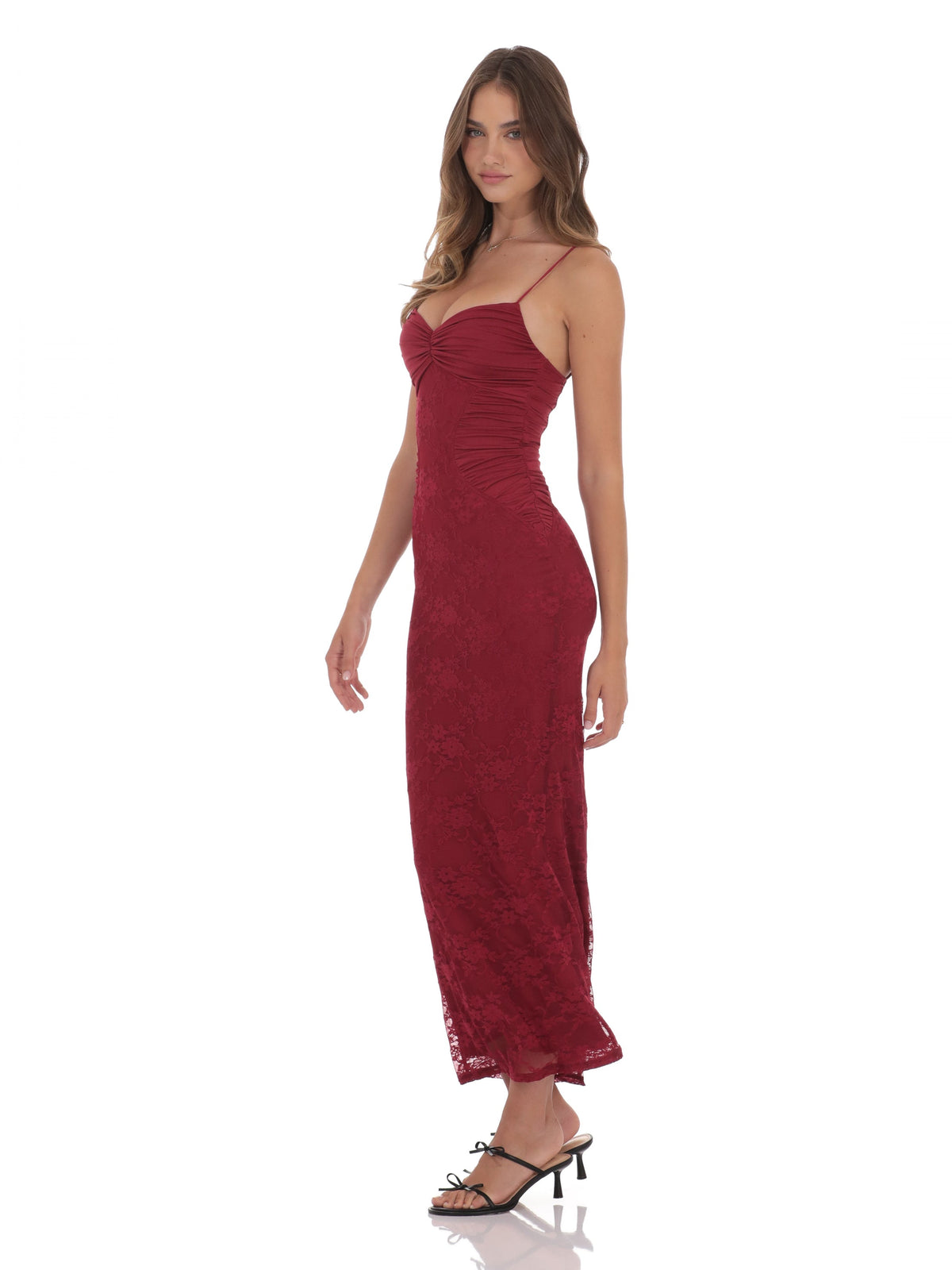 Red bridesmaid dress with mesh construction and maxi hem
