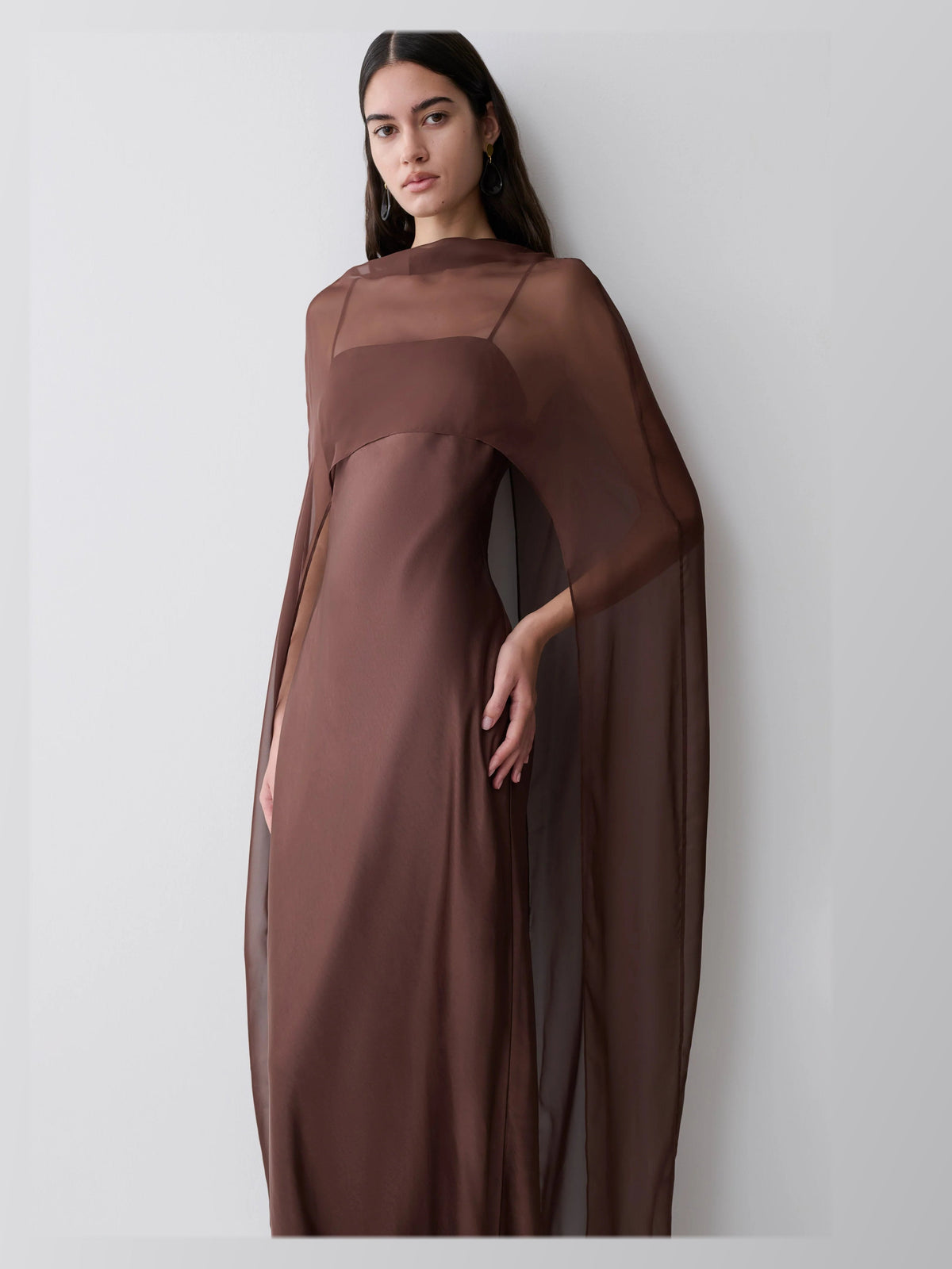 Mocha formal dress with chiffon construction and maxi hem