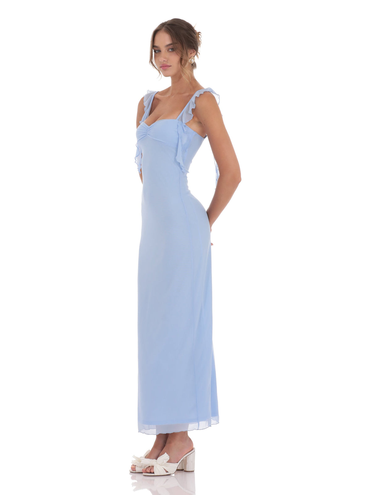 Light Blue bridesmaid dress with mesh construction and maxi hem