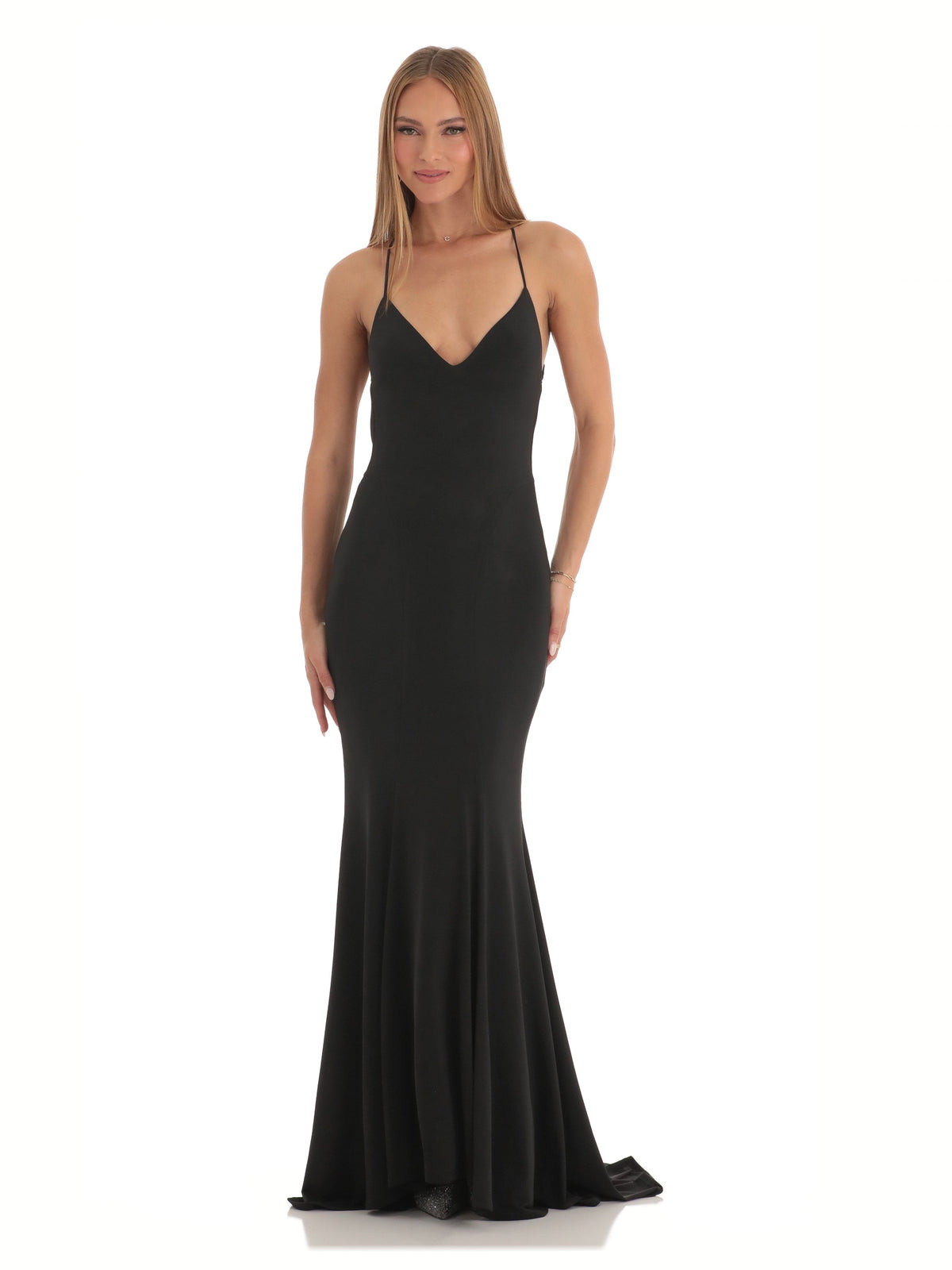 Black bridesmaid dress with structured woven fabric construction and maxi hem