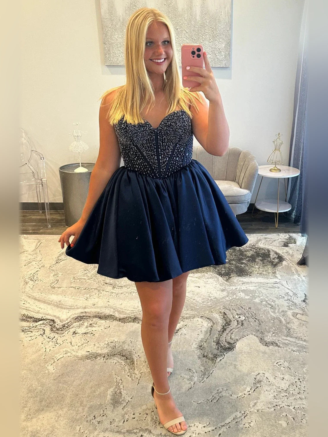 Navy blue beaded sweetheart corset mini A-line satin homecoming dress, sleeveless
