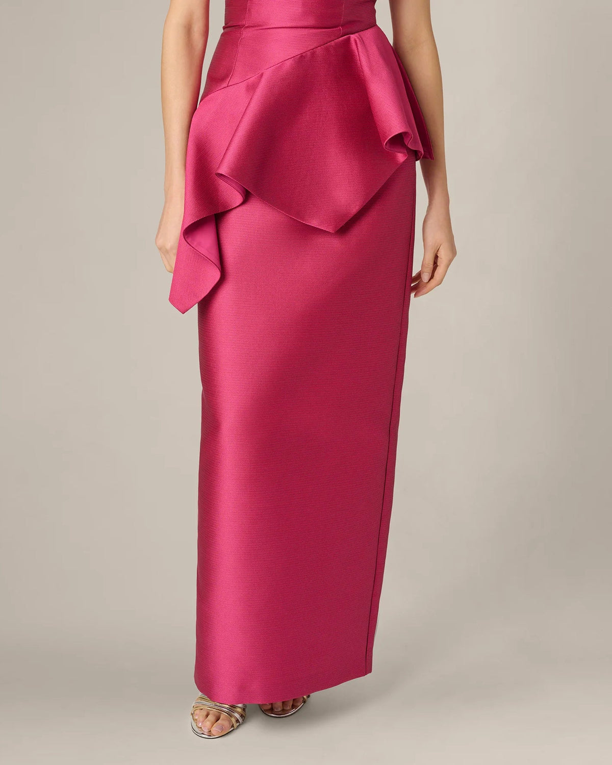 Bright rose long column maxi dress with draped side ruffle panel