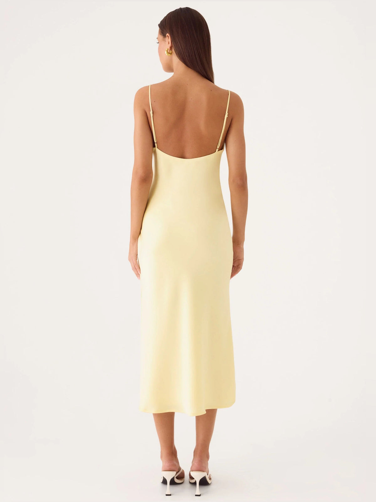 Yellow midi formal dress, open back with spaghetti straps and smooth fitted skirt