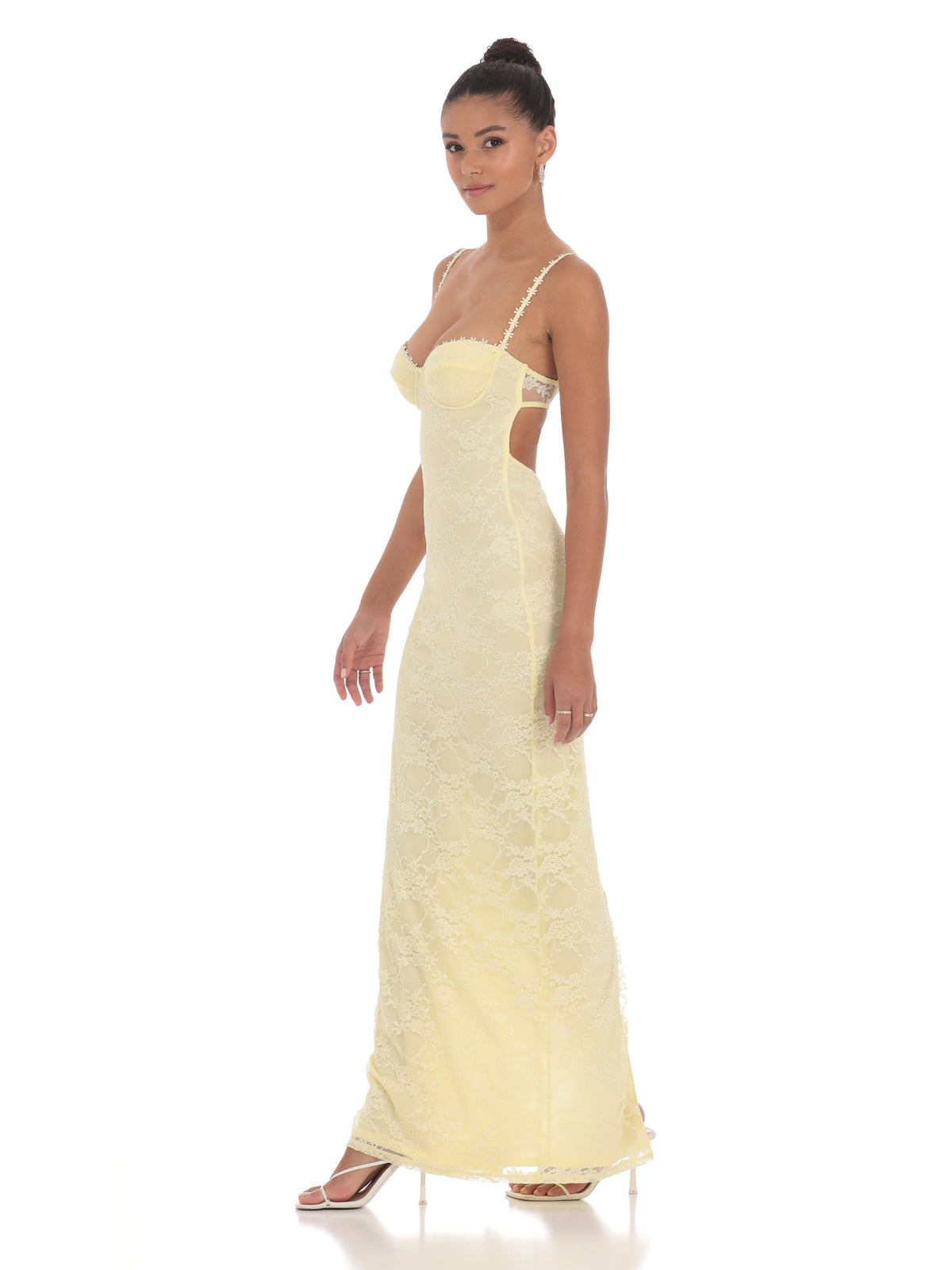 Yellow bridesmaid dress with mesh construction and maxi hem