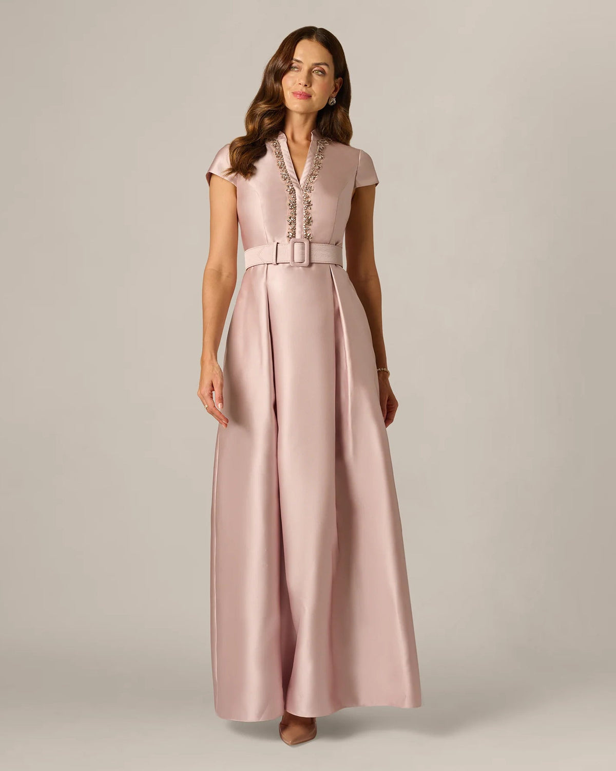 Blush pink cap-sleeve A-line maxi dress with jeweled V-neck and wide waist belt