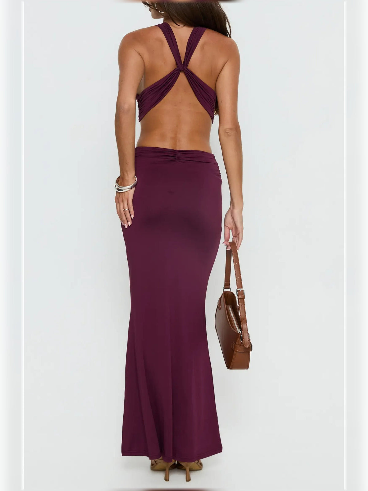 Purple halter formal maxi dress with crisscross open back straps
