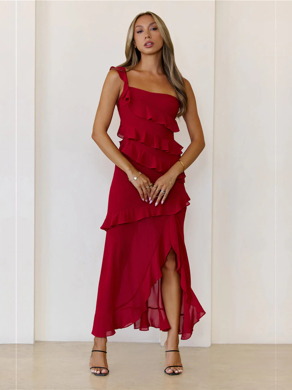 Red sheath maxi formal dress with ruffle details, alternate view