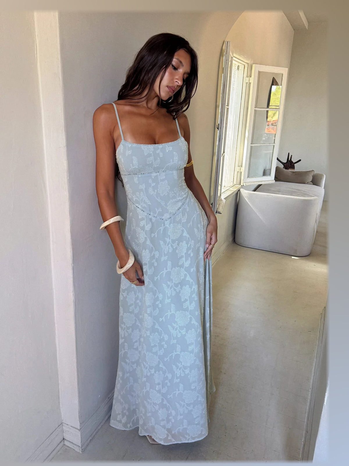 Blue maxi formal dress, alternate full-length view showing the waistline