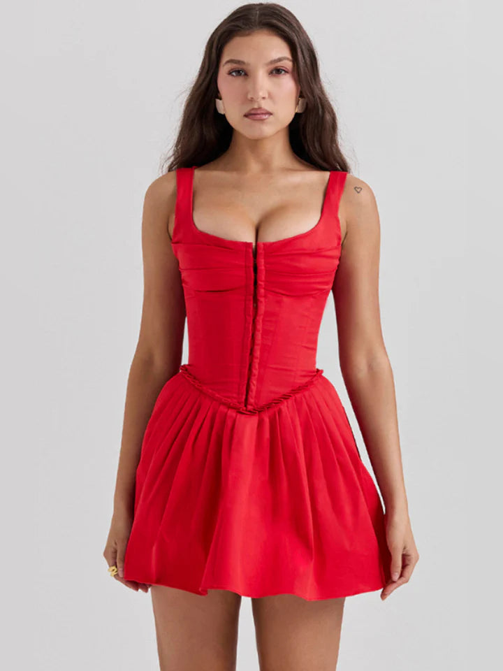 Red pleated mini dress with square neckline and fitted corset-style bodice