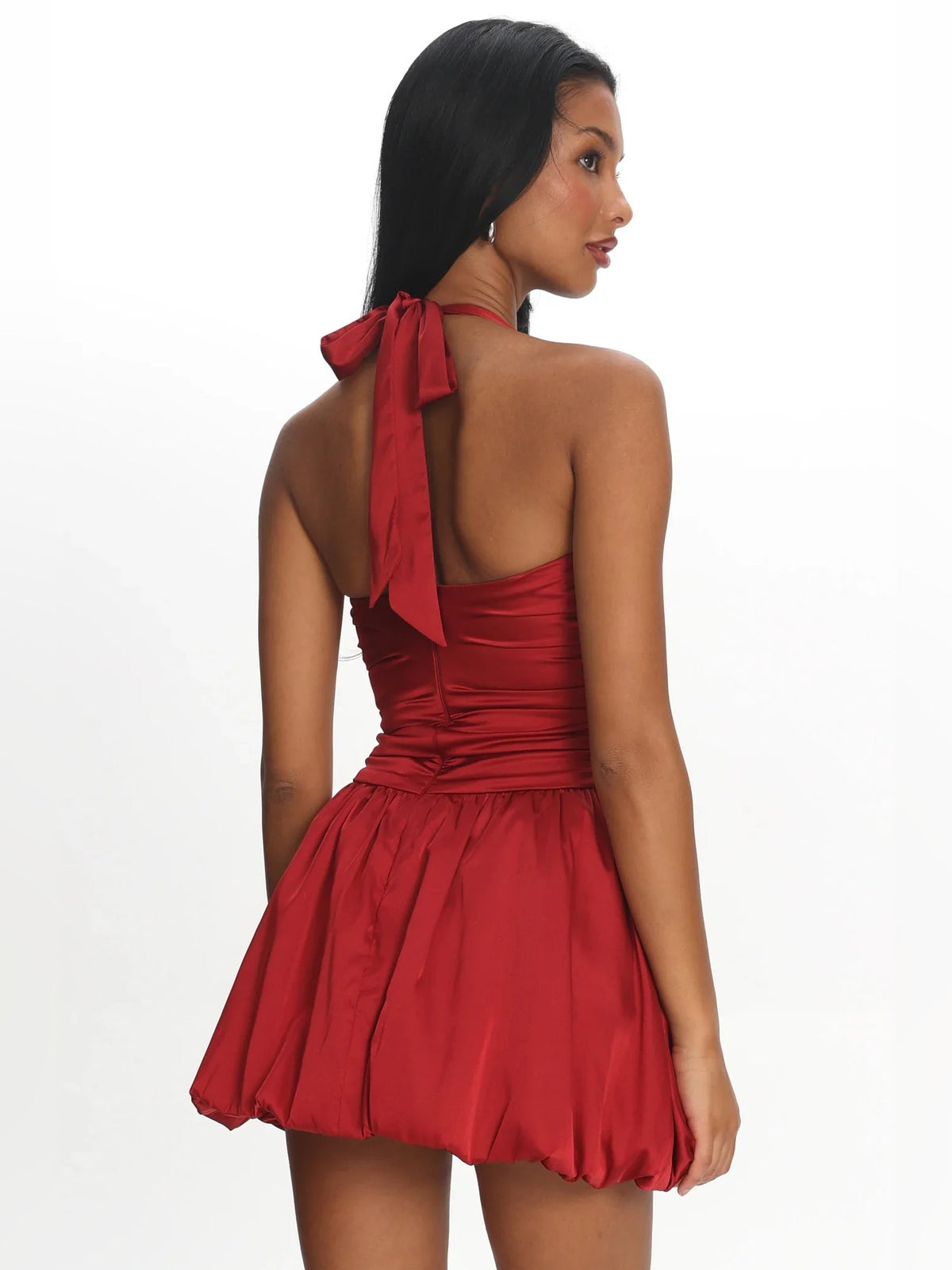Crimson red satin halter mini dress, back view with tied neck bow