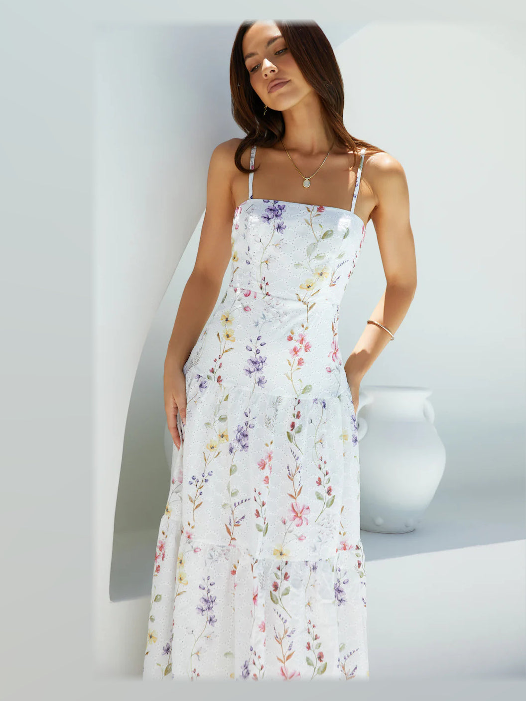 White midi formal dress, alternate full-length view showing the waistline