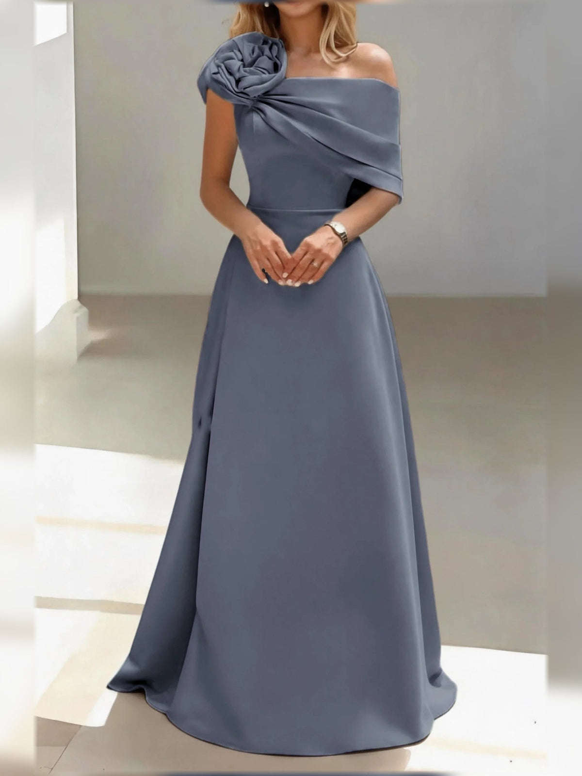 Dark blue satin one-shoulder A-line mother-of-the-bride dress with rosette shoulder