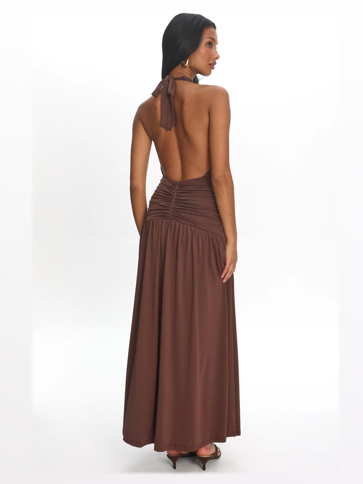 Chocolate formal dress with structured woven fabric construction and maxi hem