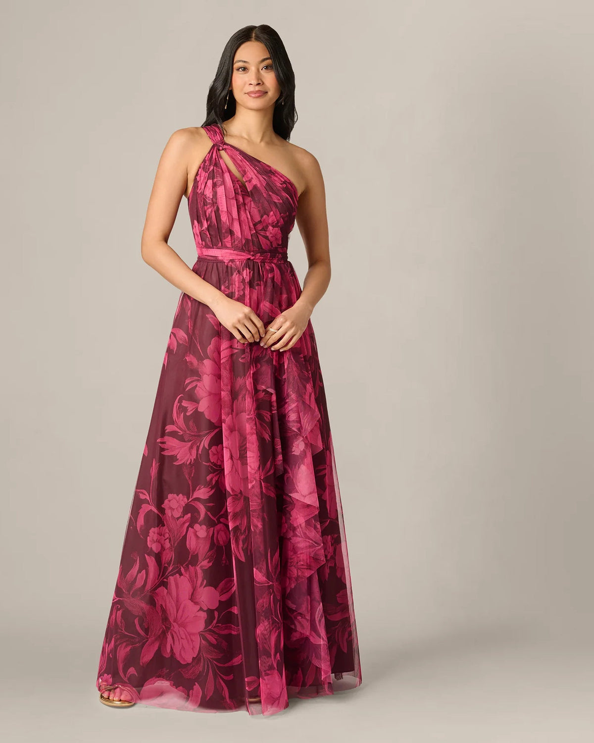 Burgundy floral one-shoulder A-line maxi dress, side view with gathered waist