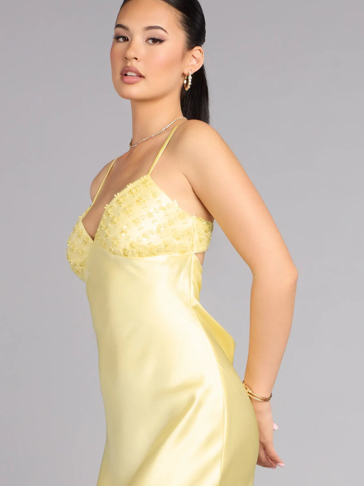Yellow spaghetti strap glam dress with beaded sweetheart bodice detail