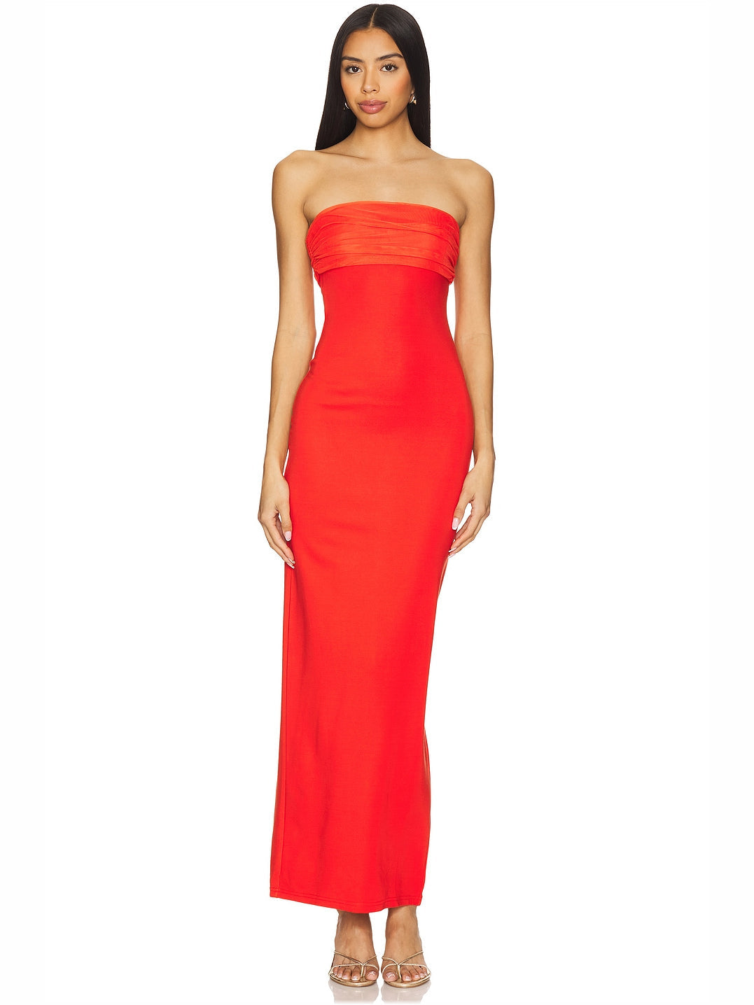 Bright Red sheath maxi formal dress with strapless neckline, alternate full-length view