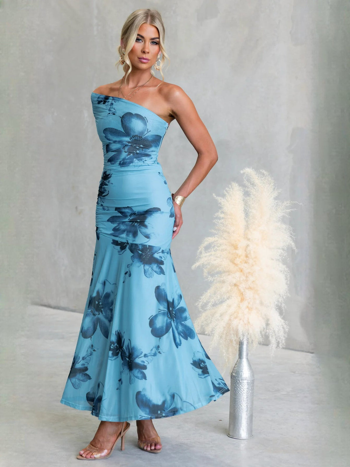 Light Blue Navy Floral Print sheath maxi formal dress with ruching, alternate full-length view showing the bodice