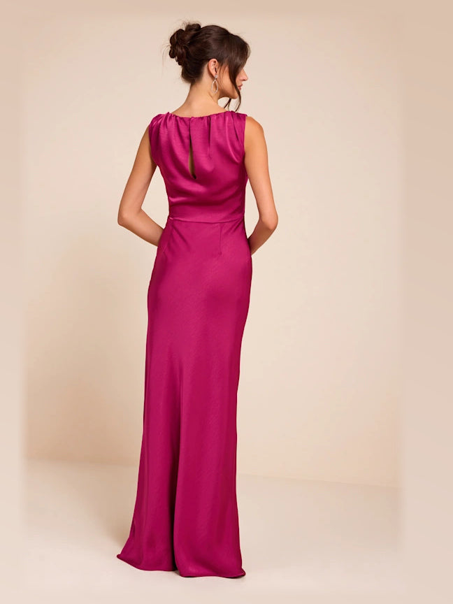 Magenta formal dress with satin construction and maxi hem