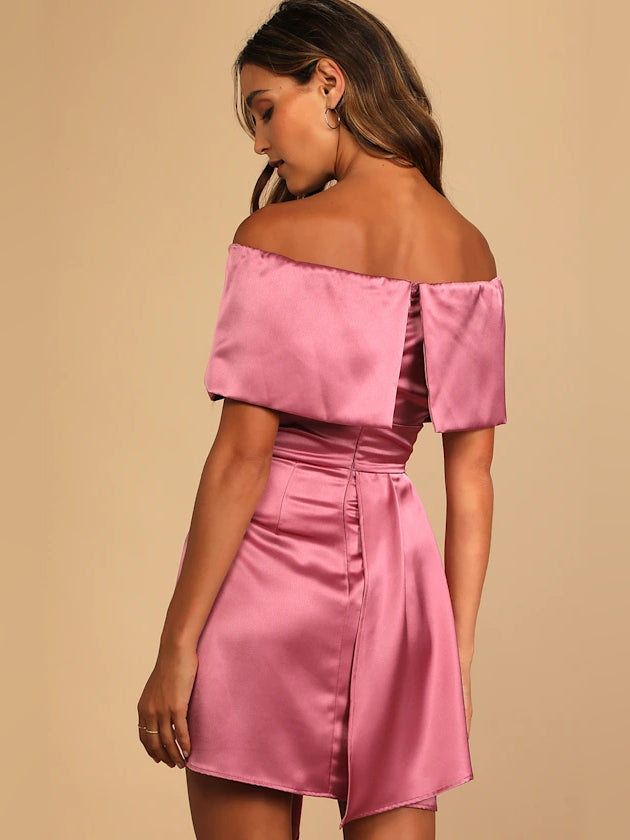 Mauve satin off-shoulder mini dress, back view with gathered waist ruching