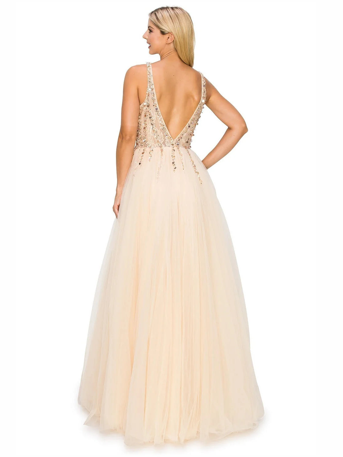 Champagne beaded V-neck A-line formal dress, open-back with embellished straps