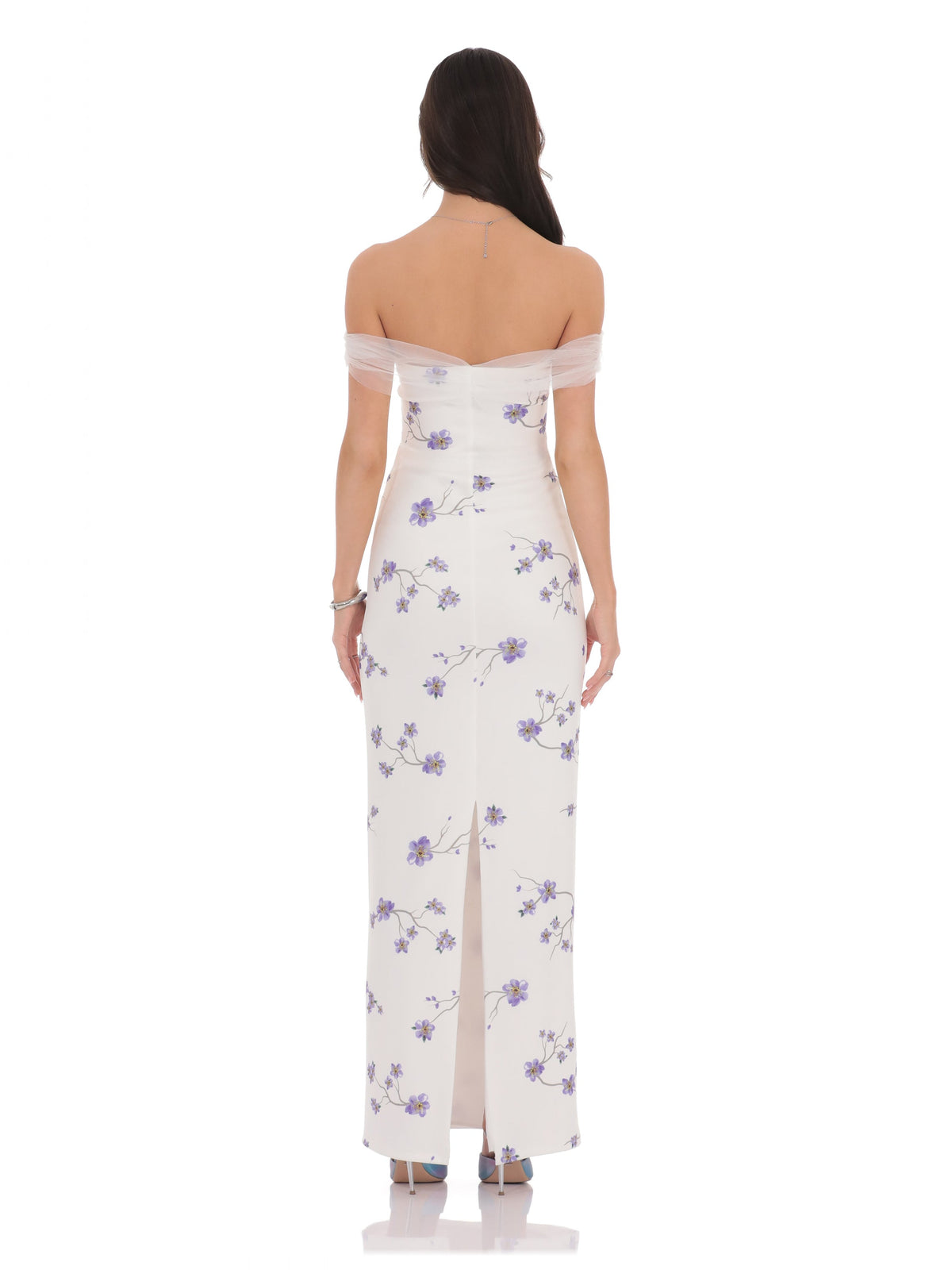 White bridesmaid dress with mesh construction and maxi hem