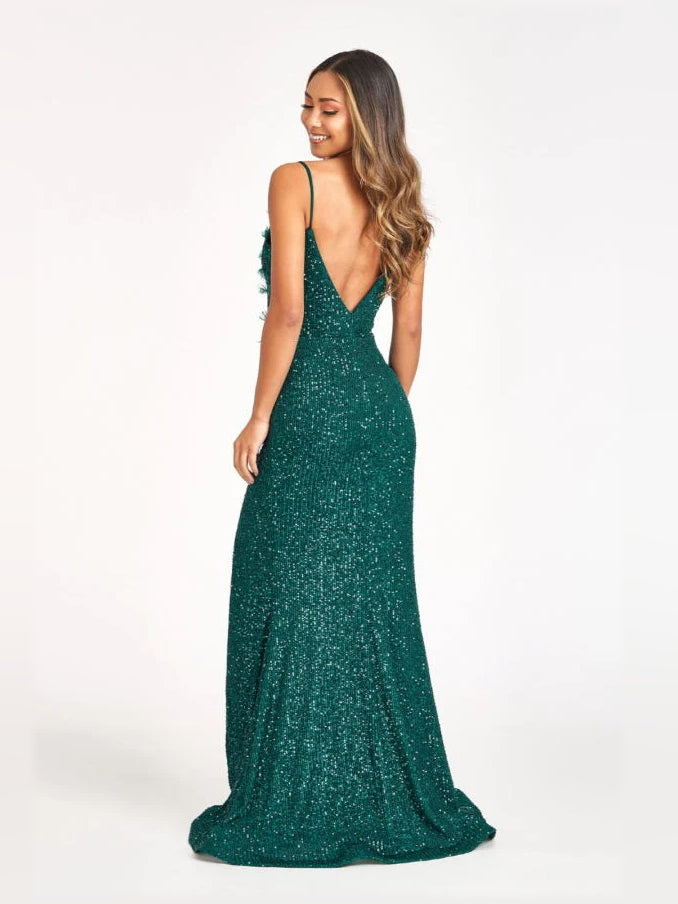 Deep green V-back spaghetti-strap floor-length sequin formal dress