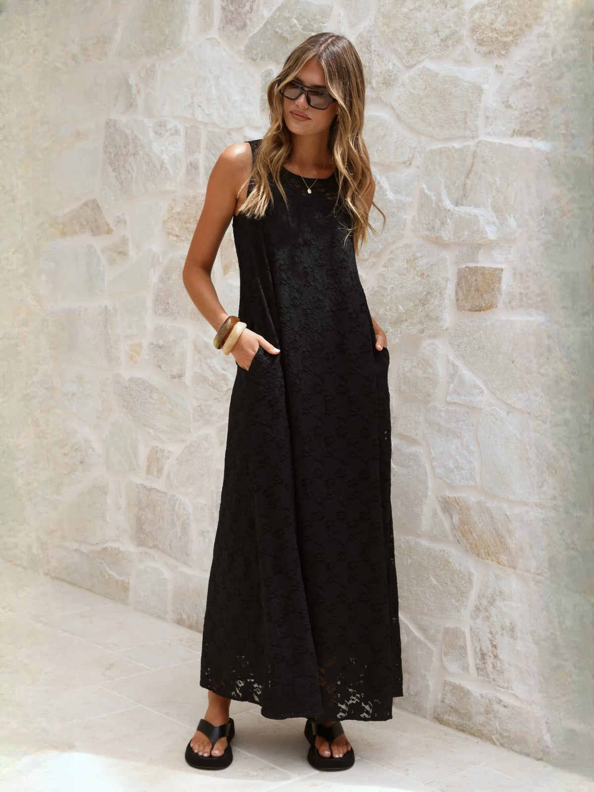 Black a-line maxi formal dress with V-neckline, alternate view
