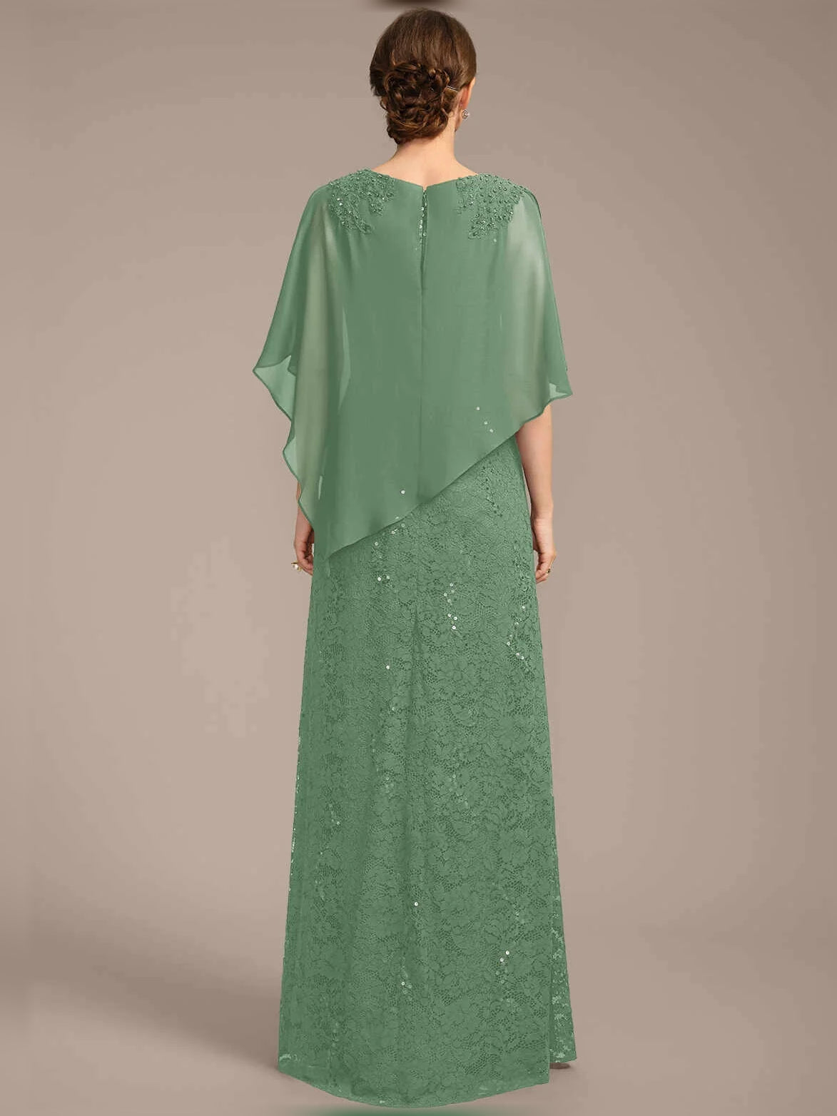 Green sequin sheath dress back view, chiffon cape overlay, floor-length