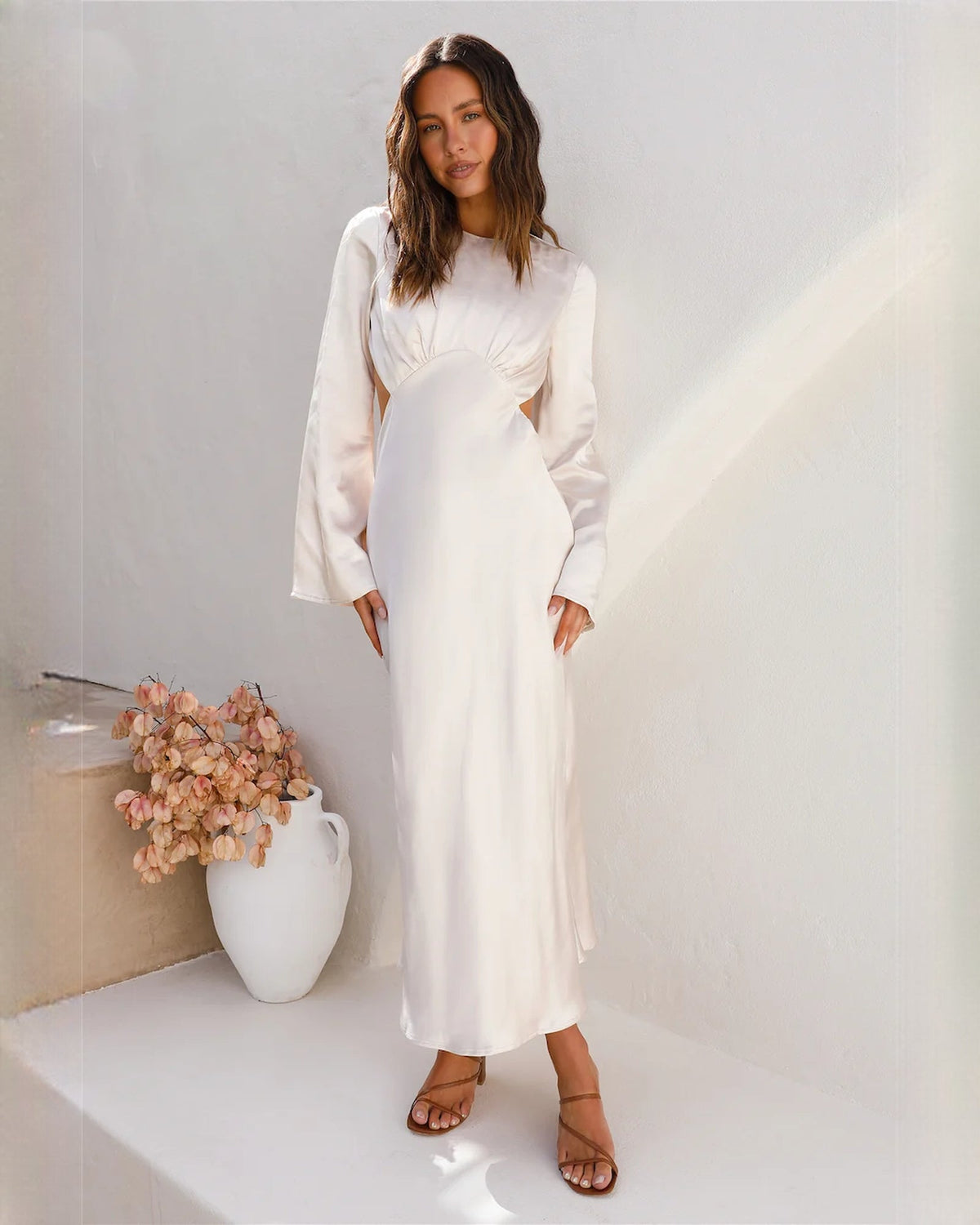 White satin A-line maxi bridesmaid dress with draped waist detail