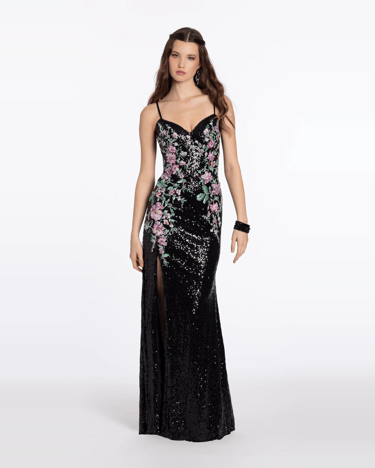 Black sequin sweetheart column maxi dress with floral pattern at bust