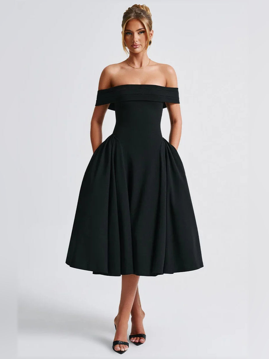 Black off-the-shoulder A-line midi formal dress with structured neckline and pleated skirt