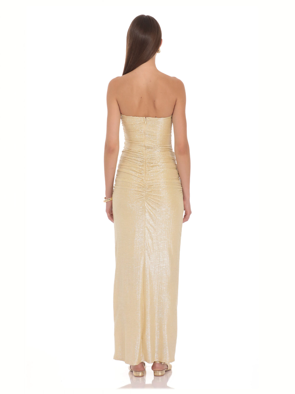 Champagne bridesmaid dress with structured woven fabric construction and maxi hem