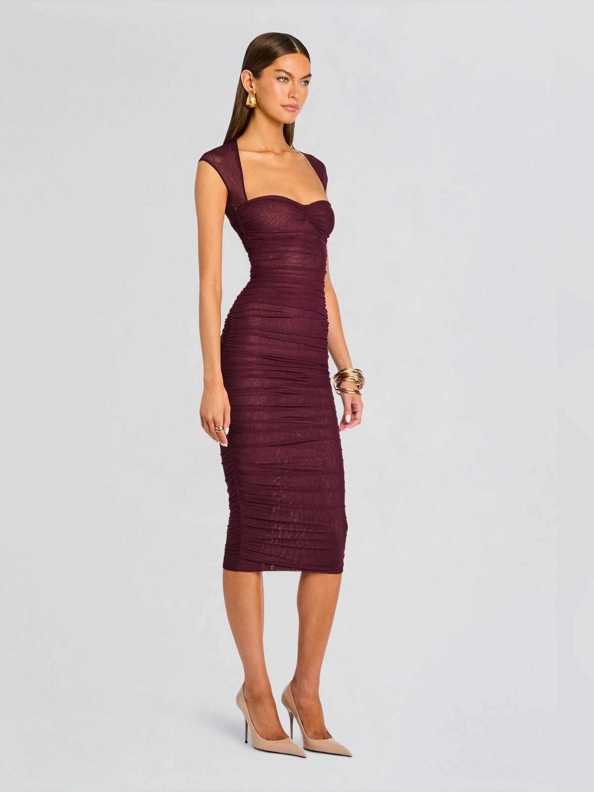 Ruched dark purple mesh midi dress with sleeveless square neckline, fitted sheath