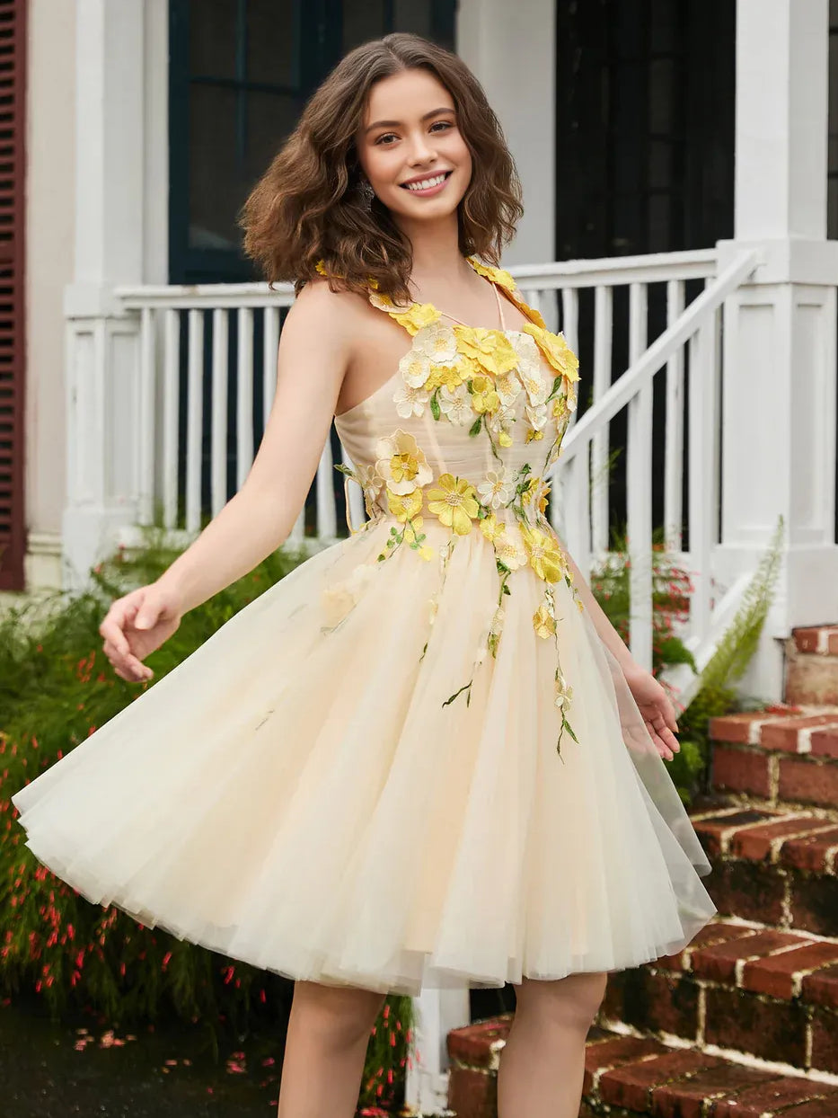 Pale lemon A-line tulle mini dress featuring layered flower appliques at the bodice
