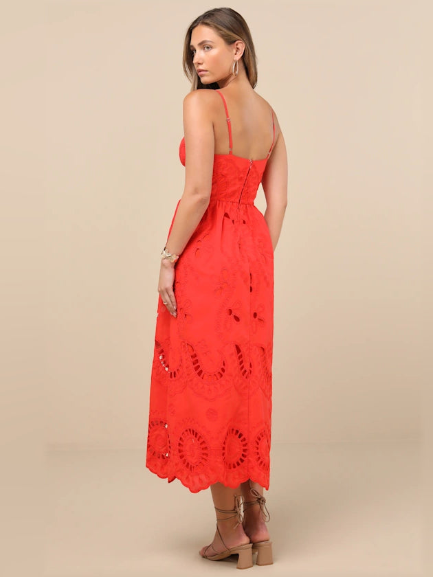 Red embroidered bustier midi dress, side view with thin straps and lace cutout detail