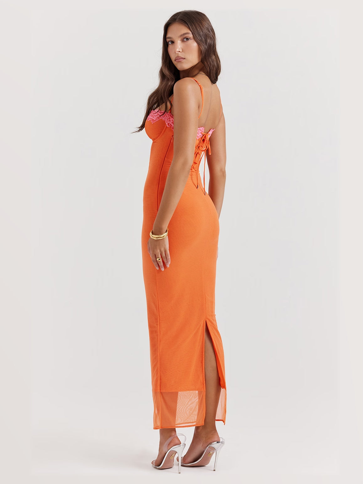 Orange midi formal dress, alternate full-length view showing the waistline