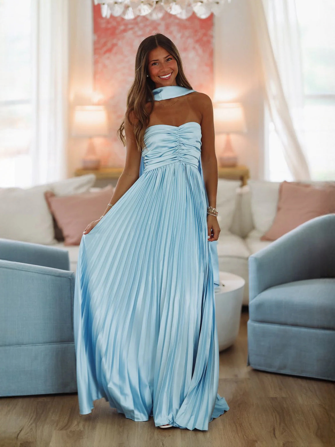 Light Blue a-line maxi formal dress with pleated skirt, alternate full-length view