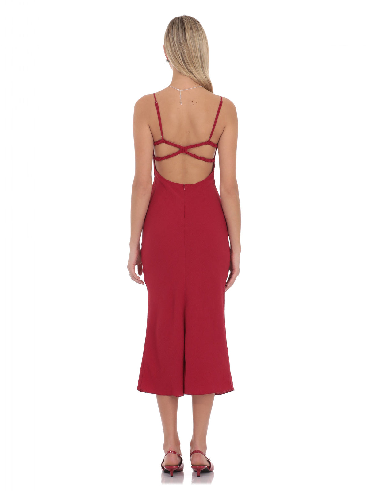 Red bridesmaid dress with structured woven fabric construction and midi hem