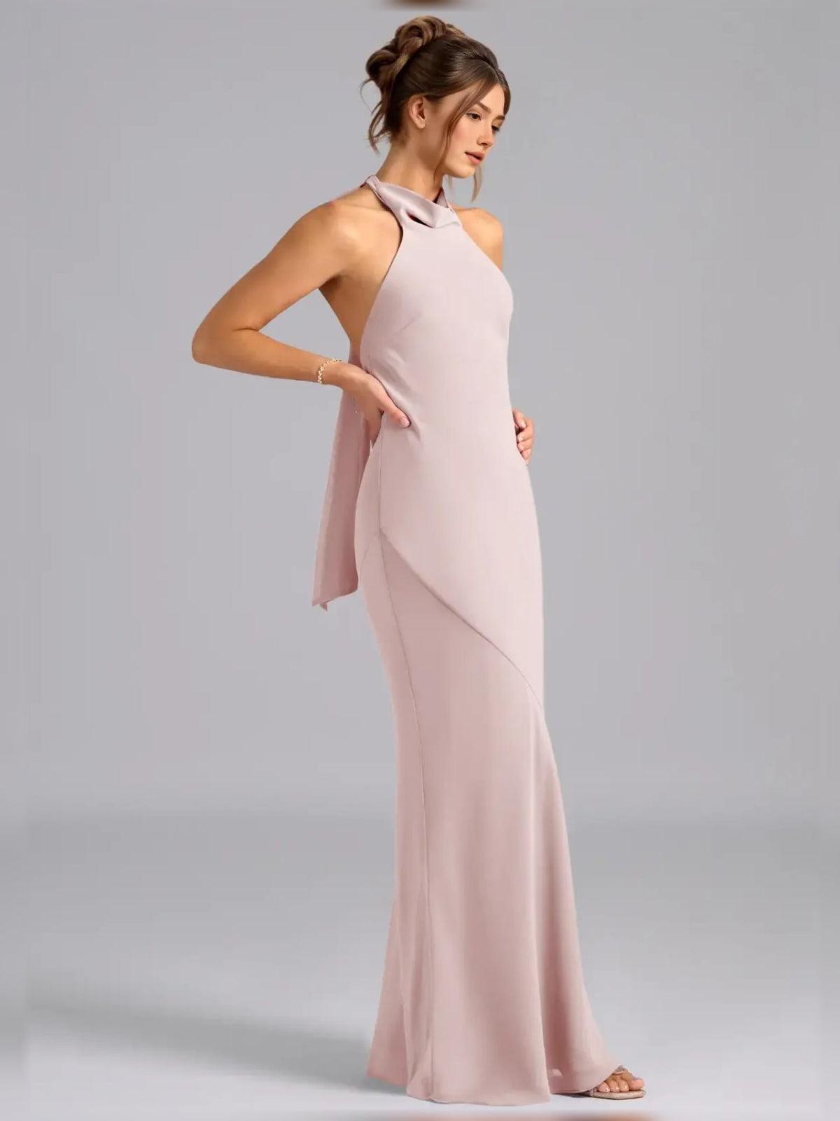 High-neck chiffon sheath maxi dress, blush pink, sleeveless halter, side draped panel.