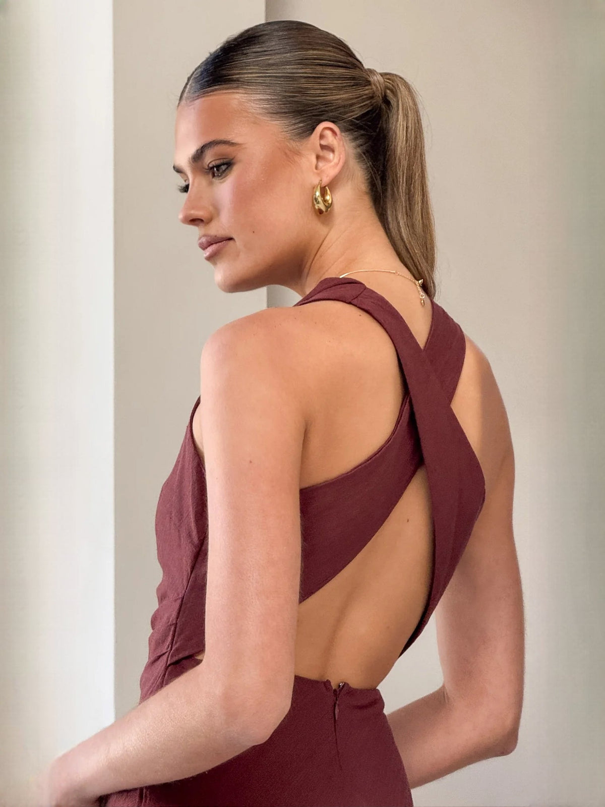 Burgundy sheath maxi formal dress with halter neckline, alternate view