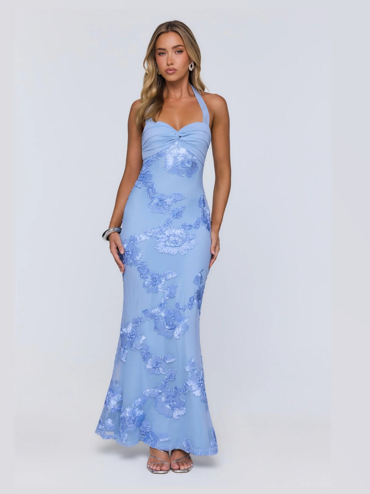 Blue maxi formal dress, alternate full-length view showing the waistline
